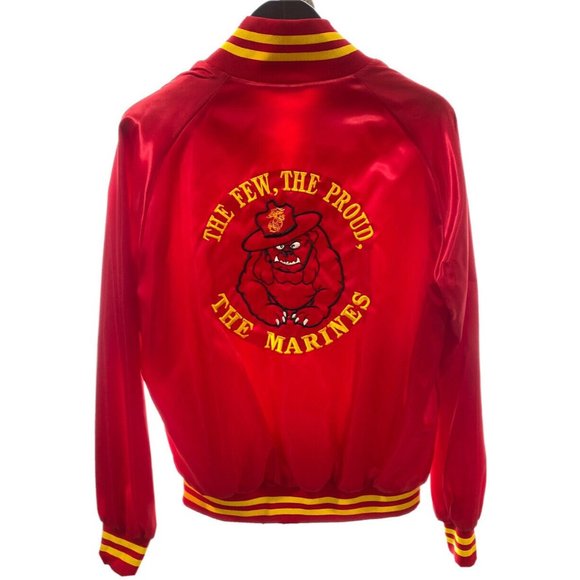Marines Souvenir Satin Bomber Jacket L Red Embroidered Vintage Bulldog